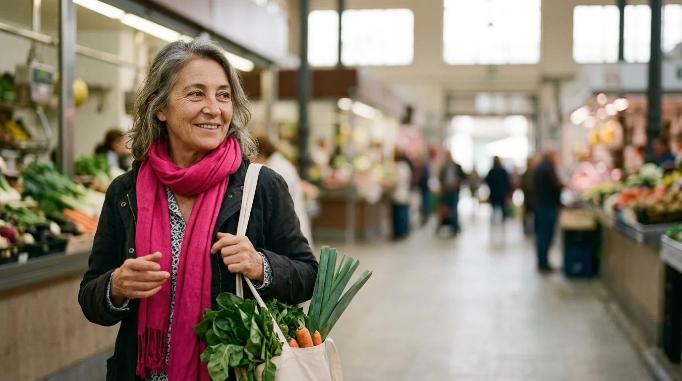 Una mujer sonríe en un mercado con una bolsa de verduras