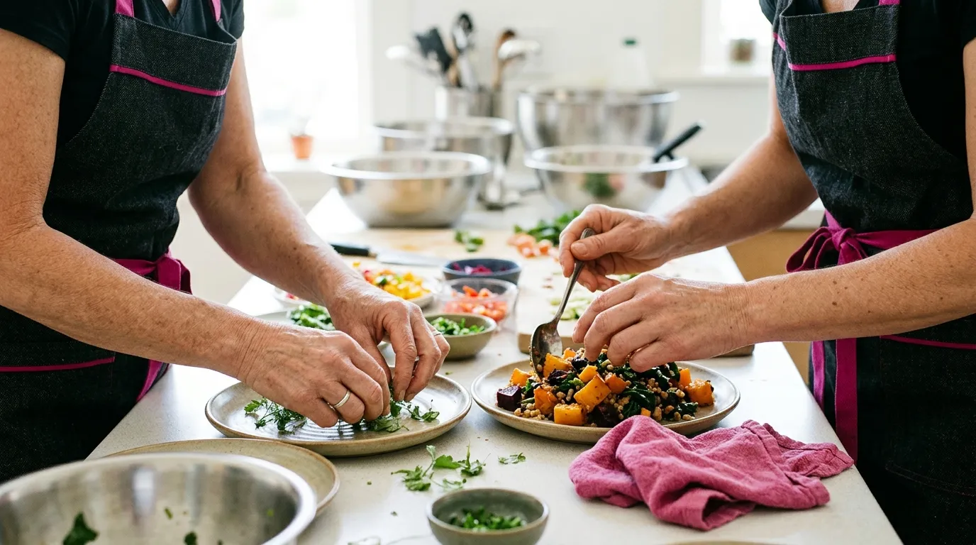 Las manos de dos personas emplatan una comida de colores en la cocina de la clínica