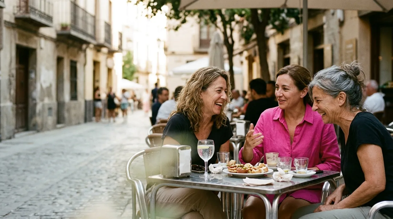 Tres mujeres ríen en una terraza; una tiene delante un plato casi entero y un vaso de agua con gas